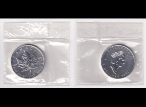 Silbermünze 1 OZ Kanada 5 Dollar 1991 Maple Leaf original eingeschweißt