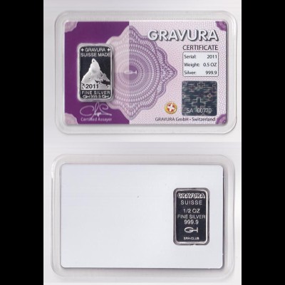 Silberbarren 1/2 Oz Gravura Schweiz 2011 im Blister mit Zertifikat 