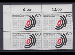 Bund 1088 Eckrand rechts oben 4er Block Europäisches Patentamt 60 Pf postfrisch