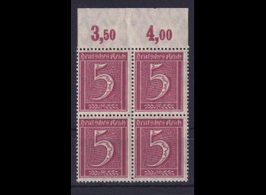 Deutsches Reich 158 mit Oberrand 4er Block Ziffern-Freimarken 5 Pf postfrisch
