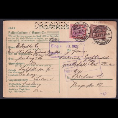 Postkarte Betriebs Meldekarte 1922 