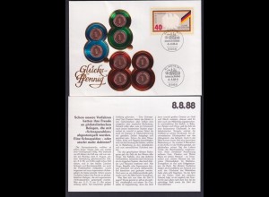 Numisbriefe mit Mi.Nr. 807 gestempelt Blindheim 8.8.88 und 8x 1 Pfennig 1987 