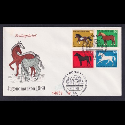Bund FDC mit 578-581 Jugend Pferde mit ESST Bonn 6.2.1969