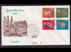 Bund FDC mit 549-552 Jugend Seltene Tiere mit ESST Bonn 2.2.1968