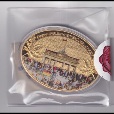 Medaille 25 Jahre Mauerfall vergoldet Swarovski 2014 in Kapsel mit Zertifikat