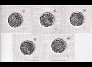5 Silbermünzen 10 DM 1999 Goethe Weimar Prägeanstalten A, D, F, G, J PP