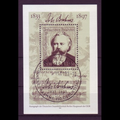 DDR Block 69 150. Geburtstag von Johannes Brahms 1.15 M mit Ersttagsstempel
