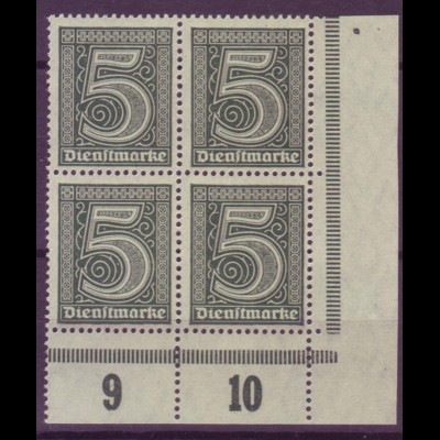 Deutsches Reich Dienst D 23 Eckrand rechts unten 4er Block 5 Pf postfrisch