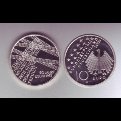 Silbermünze 10 Euro stempelglanz 2003 50 Jahre Volksaufstand 