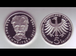 Silbermünze 5 DM 1975 G Albert Schweitzer polierte Platte in Kapsel