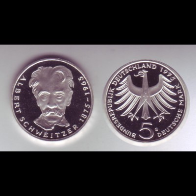 Silbermünze 5 DM 1975 G Albert Schweitzer polierte Platte in Kapsel