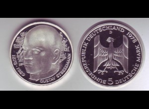 Silbermünze 5 DM 1978 D Gustav Stresemann polierte Platte in Kapsel